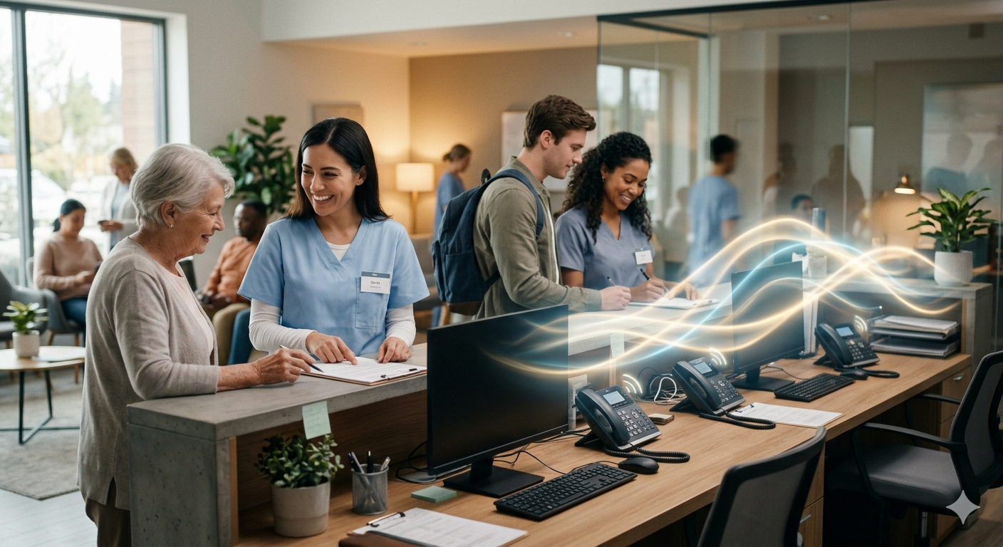 Busy medical reception area with staff helping patients and subtle wave imagery suggesting connected voice communication