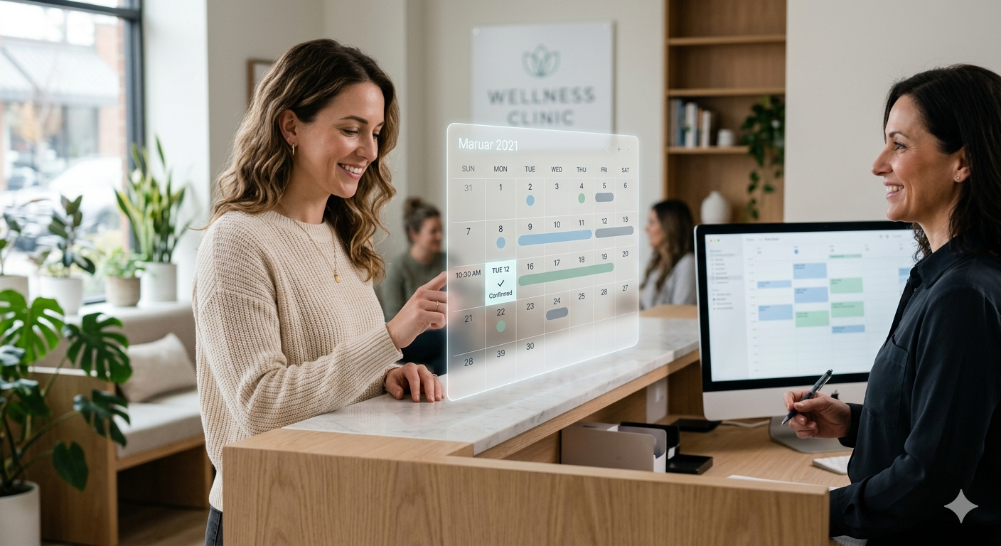 Patient and receptionist confirming an appointment with a modern scheduling display at the front desk