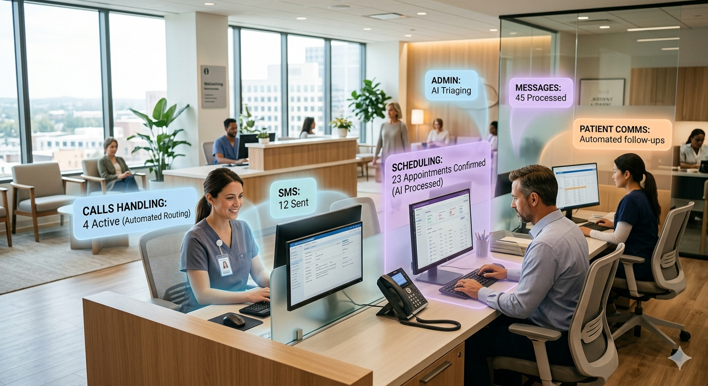 Healthcare administrative staff at workstations with clear on-screen cues for calls, scheduling, and patient messages