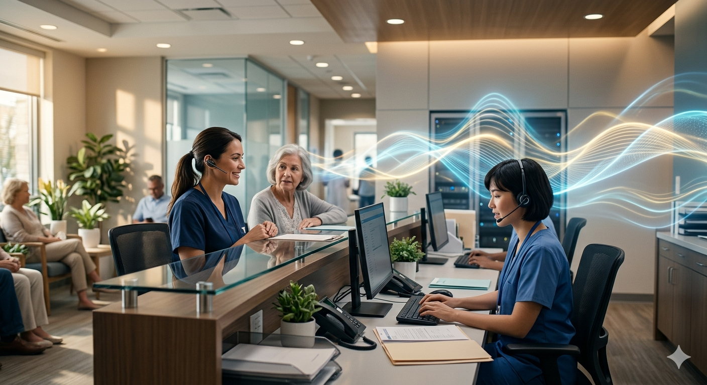 Medical reception team with headsets in a bright clinic, illustrated with a gentle soundwave suggesting voice-first support