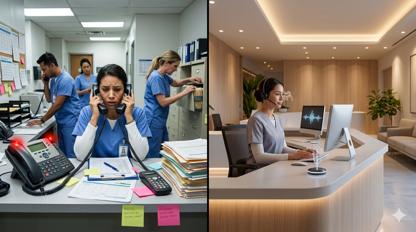Contrast between a stressed multi-line phone desk and a calm modern reception with voice technology support