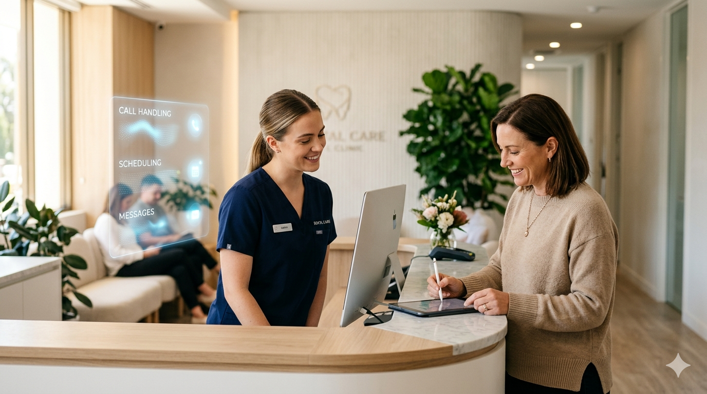Dental reception staff greeting a patient at the front desk with scheduling and call-handling cues on screen
